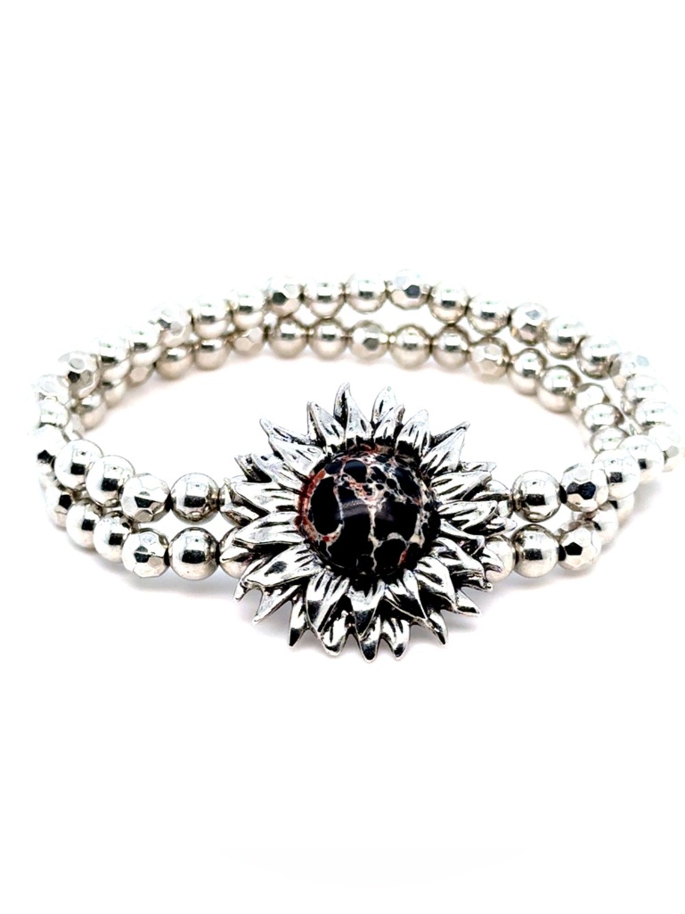 Silver Sunflower Bead Stretch Bracelet withโ Black Accent (E5)
